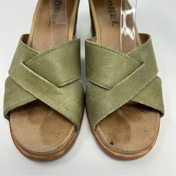 Sorel Joanie II Olive Green Leather Chunky Wedge Sandals Buckle Strap Size 10 - Picture 5 of 13